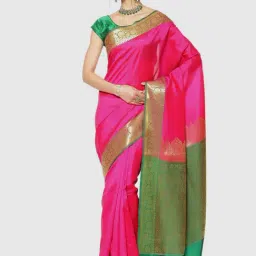 Banarasi Silk Works Pink & Green Woven Saree With Unstitched Blouse-image-33