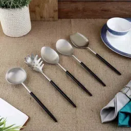 VarEesha Radiant Silver & Black Stainless Steel Serving Spoon - Set of 5-16