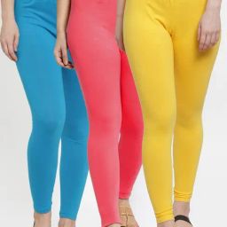Gracit Yellow & Blue Mid Rise Leggings - Pack Of 3-image-72