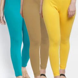Gracit Yellow & Blue Mid Rise Leggings - Pack Of 3-image-76