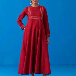 Okhai Red Cotton Embroidery Flaired Fit Casual Dress-image-30