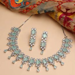 Zeneme Rhodium Plated Silver Toned Sea Green AD Stone Studded Jewellery Set-8