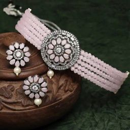 Zeneme Silver Plated Pink Stone Studded Oxidized Choker Jewellery Set-13