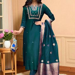 Sangria Women Ethnic Motifs Embroidered Pure Cotton Kurta with Churidar & Dupatta-image-97