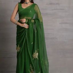 Sutra Attire Green Hand Embroidered Chiffon Saree-image-35