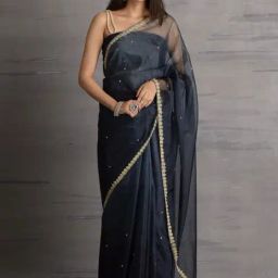 Sutra Attire Blue Organza Womens Saree with Pearl Work-image-90