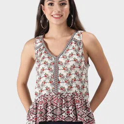 DEBONATELLA Beige & Orange Floral Print Crepe Peplum Top-image-68
