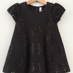 Babyhug Cap Sleeves Partywear Frock with Floral Laser Cutout Design - Black-picture-30