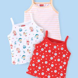 Babyhug 100% Cotton Knit Sleeveless Striped Slips Teddy Print Pack of 3 - Red Pink & White-image-95