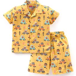 Babyhug Cotton Knit Half Sleeves Vehicle Print Night Suit - Yellow-image-99