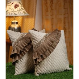 HOSTA HOMES Beige & Brown 2 Pieces Embellished Square Cushion Covers-7
