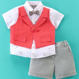 ToffyHouse 100% Cotton Woven Half Sleeves Party Shirt & Shorts Set with Attached Waistcoat & Bow - White & Red-image-99