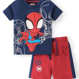 Babyhug Marvel Cotton Knit Half Sleeves T-Shirt & Shorts With Spiderman Front And Back Graphics - Navy Blue & Red-image-32