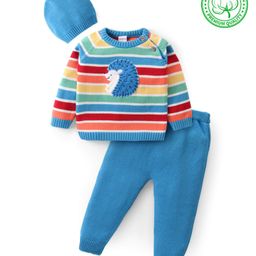 Babyhug Knitted Full Sleeves Pullover Striped Sweater Set with Cap & Hedgehog Design- Multicolour-picture-12