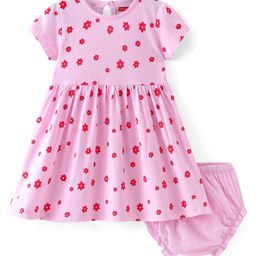 Babyhug Single Jersey Knit Half Sleeves Frock With Bloomer Floral Print - Pink-image-27