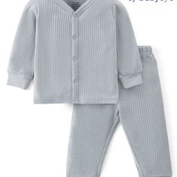 Babyoye Cotton Modal Blend Full Sleeves Front Open Solid Dyed Thermal Inner Wear Set - Grey-image-91