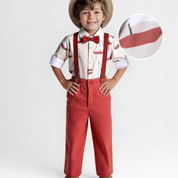 Ollington St. 100% Cotton Full Sleeves Collared Shirt & Twill Pant Set with Bow & Suspender Boat Print -Dark Red-image-58