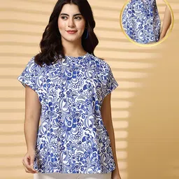 Zelena 100% Cotton Half Sleeves Floral Printed Maternity Zipless Feeding Top With Nursing Access - White & Blue-picture-22
