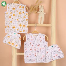 Mom's Home Organic Cotton Muslin Pack Of 2 Sleeveless Floral & Leaves Printed Jhablas With Coordinating Nappies Set - White & Peach-image-57