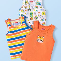 Babyhug 100 % Cotton Knit Sleeveless Sando with Animal Print & Stripes Pack of 3 - Orange & White-image-43