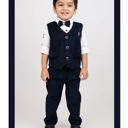 LITTLE COLLARS Velvet Full Sleeves Chevron Printed 3 Piece Party Suit With Bow Set - Navy Blue-image-96