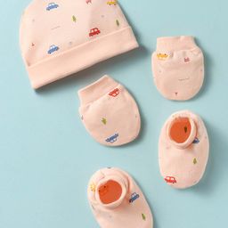 Simply Interlock Knit Cap Mitten & Booties Set with Cars Print Pink - Diameter 15.5 cm-77