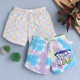 BUMZEE Cotton Knit Above Knee Length Shorts With Triangle & Text Print Pack Of 2 - Multicolour-image-100