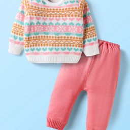 Babyhug Knit Full Sleeves Pullover Sweater Set with Floral Design - Pink-picture-35