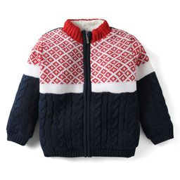 Babyhug Knit Full Sleeves Front Open Sweater with Cable Knit Design - Navy Blue & Red-image-33