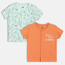 MINI KLUB Cotton Knit Pack Of 2 Half Sleeves Typography & Baby Animals Printed Jhablas - Blue & Orange-image-28