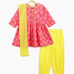 Campana 100% Cotton Woven Three Fourth Sleeves Floral Printed Kurta Salwar With Dupatta Set - Pink & Yellow-picture-25