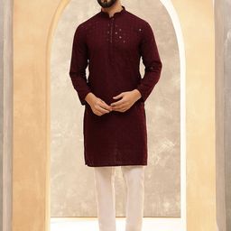 Anouk Wine Geometric Embroidered Sequinned Mandarin Collar Pure Cotton Kurta With Pyjama-picture-3