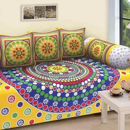 Bajo's 6Pcs Yellow & Blue Printed Cotton Diwan Set-49