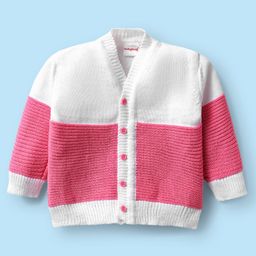 Babyhug Knitted Full Sleeves Color Block Front Open Sweater Set with Booties & Cap - Pink & White image 2