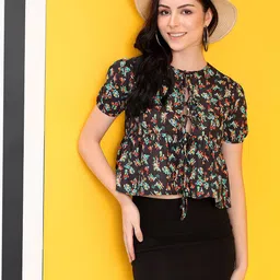 Kotty Print Tie-Up Neck Crepe Crop Top-image-77