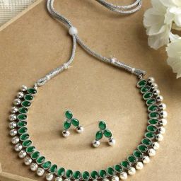 Zeneme Silver Plated CZ Stone Studded Jewellery Set-image-39