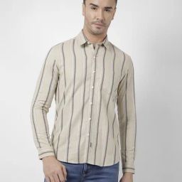 Numero Uno Khaki Cotton Slim Fit Striped Shirt-image-92