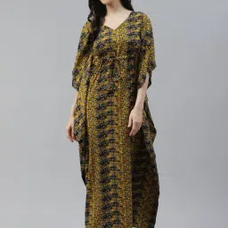 Cottinfab Crepe Yellow & Black Printed Kaftan Night Dress-23