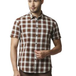 Basics Brown Cotton Slim Fit Checks Shirt-image-38