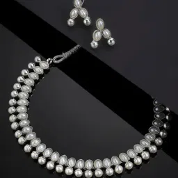 Zeneme Silver Plated Oxidized Pearl Beaded Jewellery Set-image-35