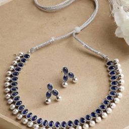 Zeneme Oxidized Silver Plated Cubic Zirconia Stone Studded Pearl Beaded Jewellery Set-0