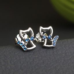 DEVASHREE 925 Sterling Silver Rhodium-Plated Blue Sapphire CZ Studded Cat Shaped Studs-0
