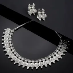 Zeneme Oxidised Silver Plated Pearl Studded Temple Coin Jewellery Set-image-93