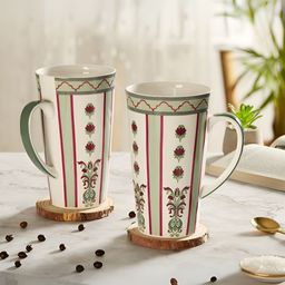 India Circus 2 Pieces White & Green Floral Printed Ceramic Tall Mugs 600ml-11
