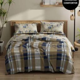 Bianca Classic Feel Sand & Blue 152 TC Double Size Bedsheet & Comforter With 2 Pillow Covers-image-52