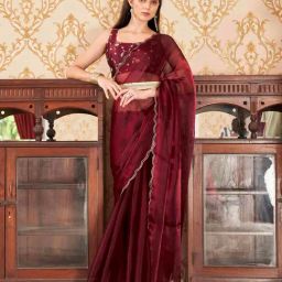 Tikhi Imli Maroon Solid Saree with Unstitched Blouse-image-87