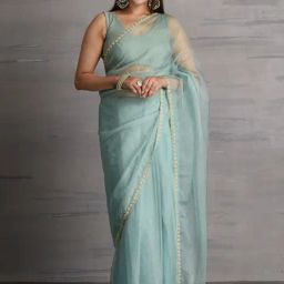 Sutra Attire Powder Blue Pearl Embellished Tissue Saree-picture-24