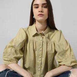 Only Green Cotton Embroidered Shirt-image-33