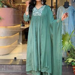 Moda Rapido Floral Embroidered V Neck A Line Chanderi Cotton Kurta With Palazzos & Dupatta-25