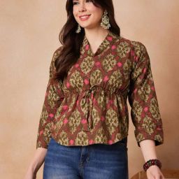 Inweave Olive Green & Pink Cotton Printed Top-image-25